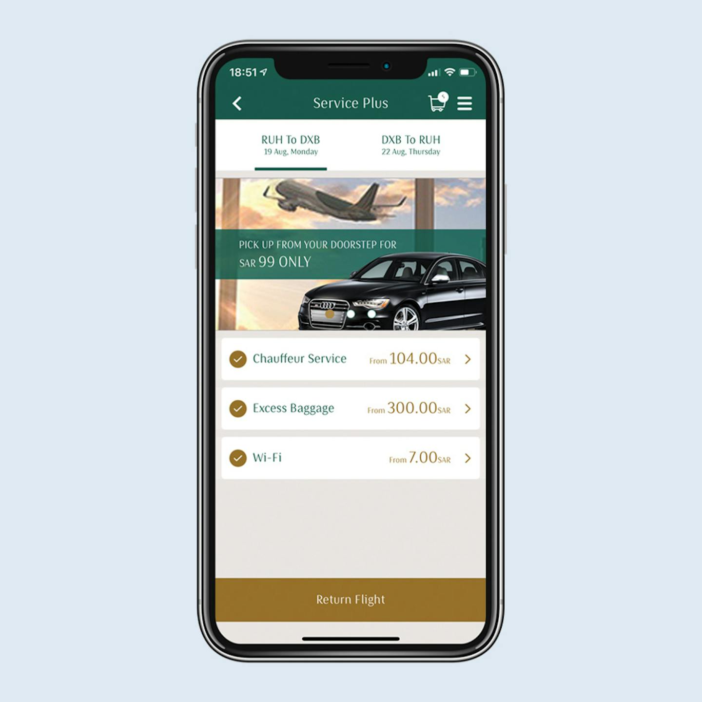 Native mobile app of Saudi Gulf Airlines enabling to add multiple ancillaries like WIFI, chauffeur, paid seats